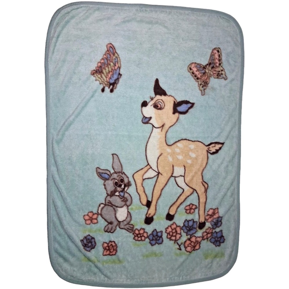 Flaw ** Vtg Light Green Bambi‎ Deer Bunny Butterfly Throw Blanket 40x60 Soft